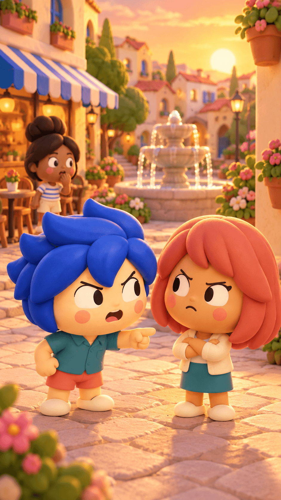 Residents arguing in the town plaza at golden hour